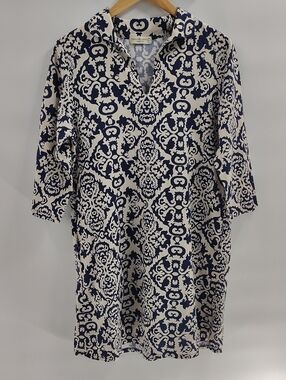 Terzo Millennio Resortwear Dress Large Blue Beige Linen Cotton Blend Italy